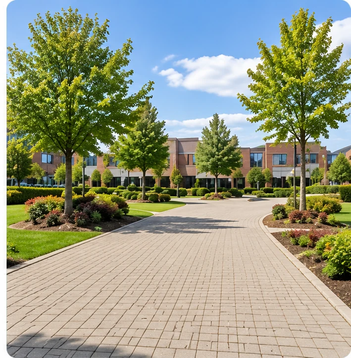 Landscaped commercial premises and cleared access