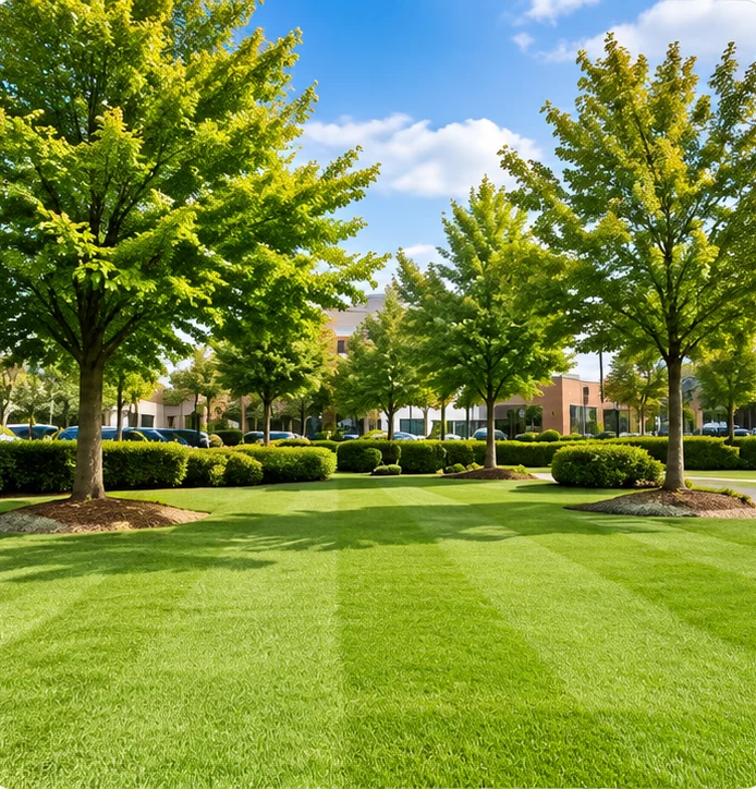 Commercial grounds maintenance scene